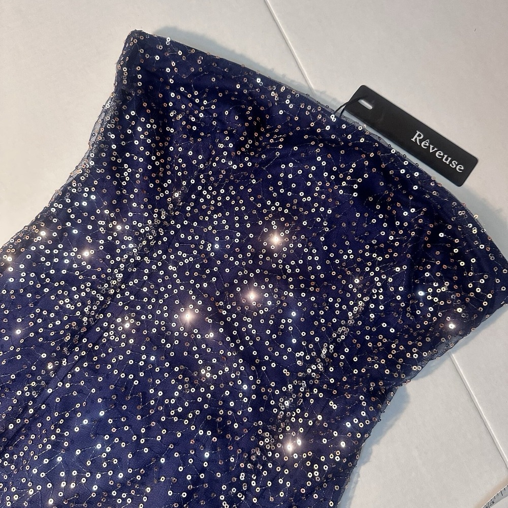 Reveuse Strapless Blue Sequin Dress Women's Size Small NWT New Evening
